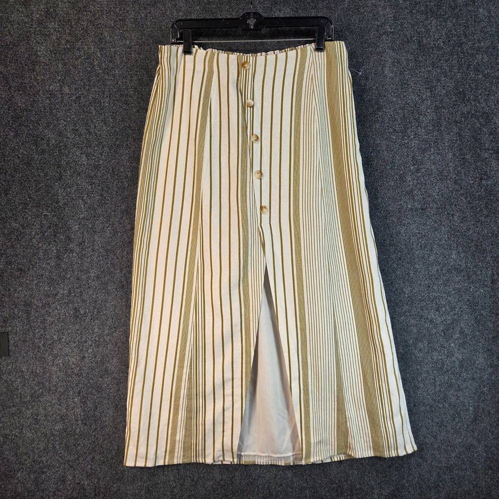 Coastal Linen Midi Skirt Striped Button Front Slit Summer Beachy Lightweight Lg - Picture 2 of 16